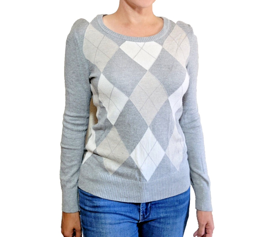 Merona Sweater Womens Large Gray Grey Argyle Diamond Top Long Sleeve Shirt